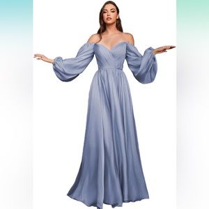 DUSTY BLUE WOMEN’S Long Sleeve Formal Dress Pleated Chiffon Plus Size
